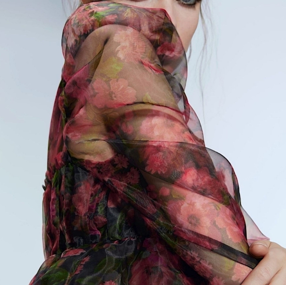 Floral Organza Puff Sleeve Babydoll Top - Picture 15 of 15